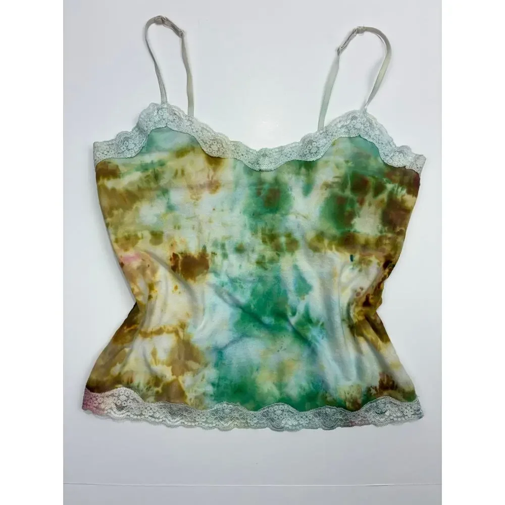 Vintage Y2K Mossimo Boho Lace Trim Tie Dye Cami Spaghetti Strap Tank Top M - Picture 2 of 6